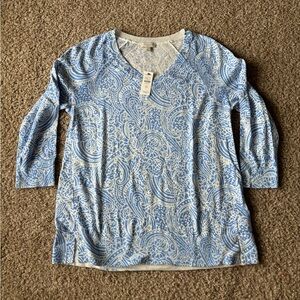 NWT Talbots Petites Small Knit‎ Sweater V Neck Paisley Floral White Blue Preppy